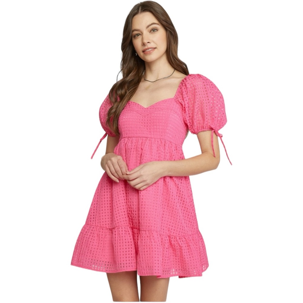 Entro Women’s Large Solid Grid Print‎ Mini Dress Puff Sleeves Hot Pink